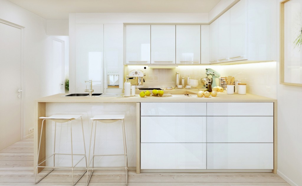 Cool-White-Kitchen-Design-With-Smart-Storage-Solutions-With-glossy-white-kitchen-island-and-white-stools